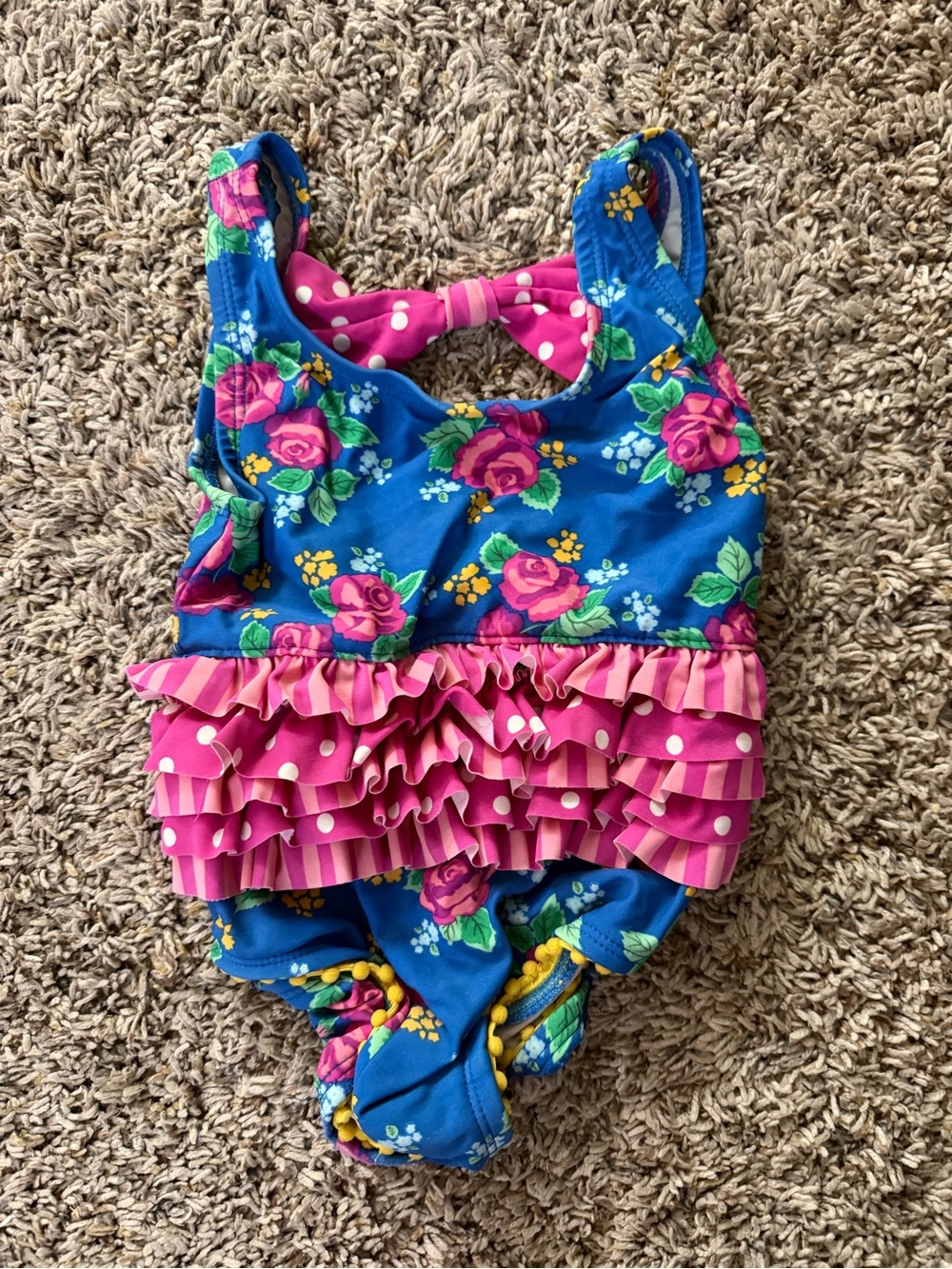 Matilda Jane Blue Floral One-Piece Swimsuit with Pink Ruffles